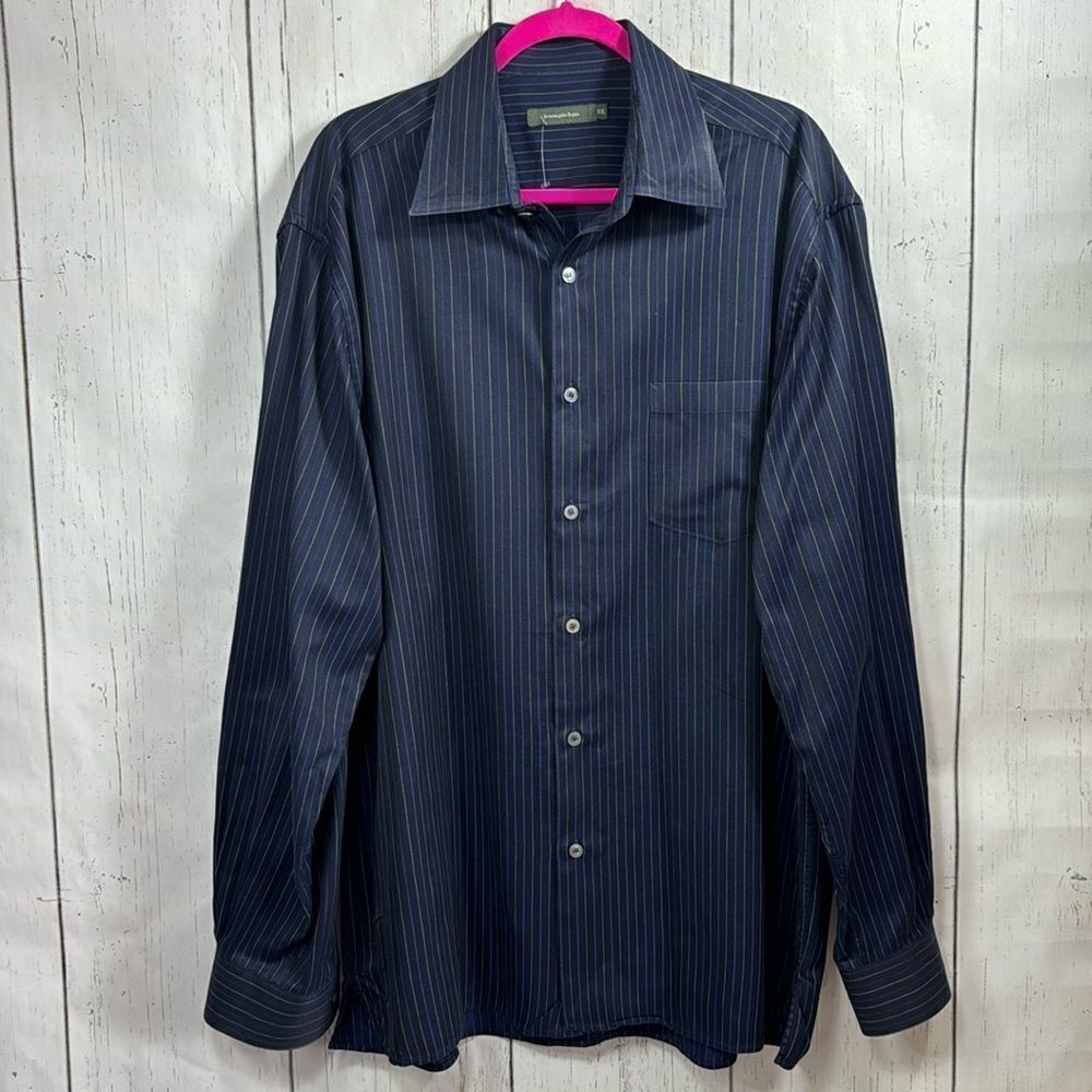 Ermenegildo Zegna Mens Blue Cotton Striped Long Sleeve Button Down Casual Shirt